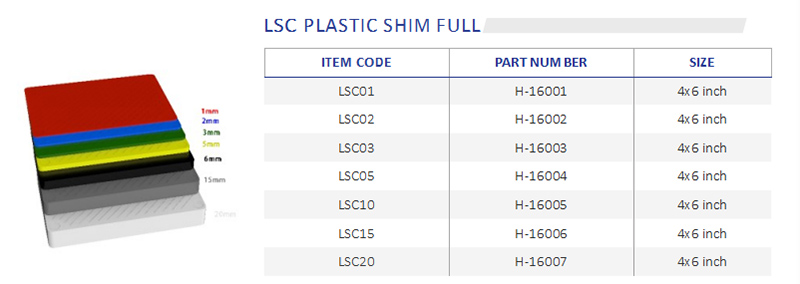 Plastic shim pad size specifications